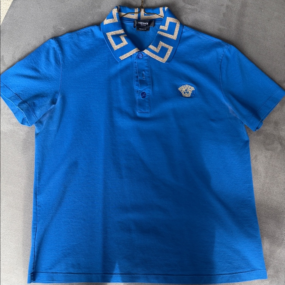 Versace Royal Blue Medusa Polo with Gold Trim